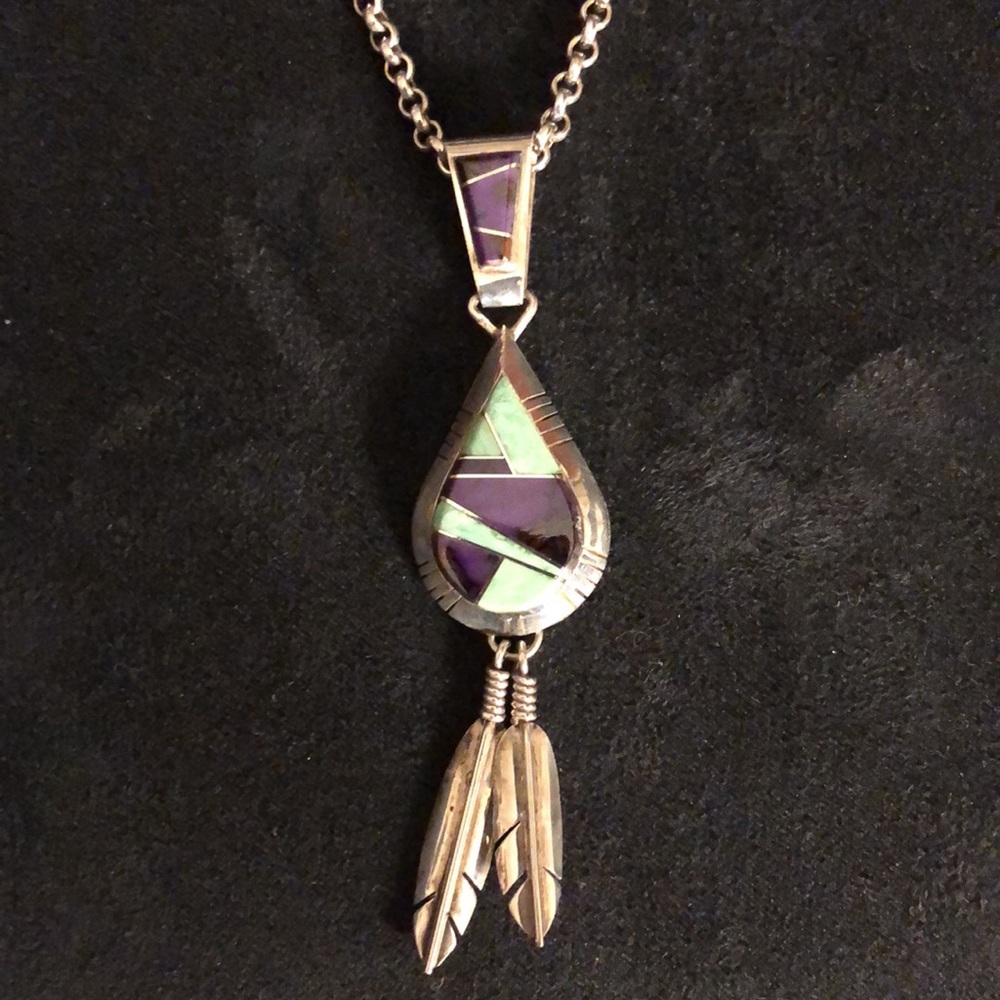 Vintage Navajo, Turquoise, 925 Sterling Silver, Feather Pendant Necklace…